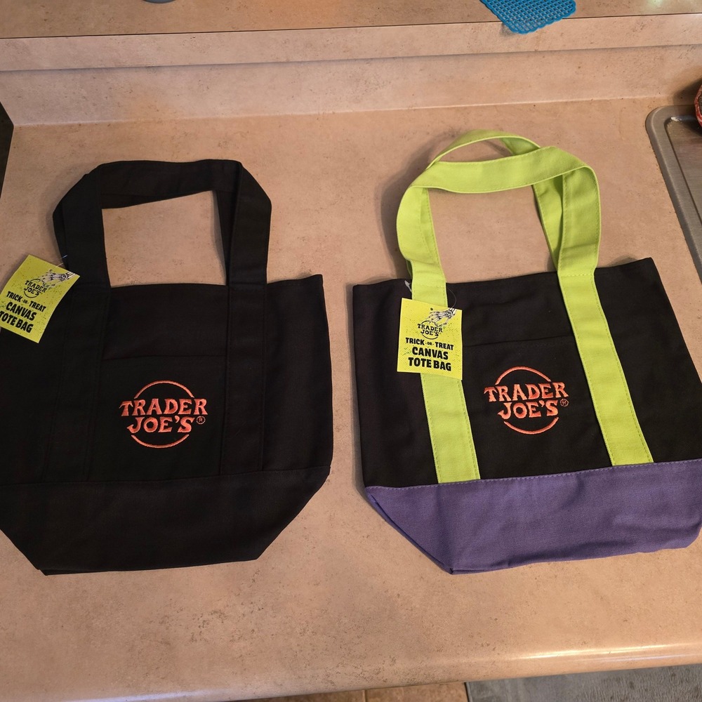 NWT Mini Trader Joe's Trick-or-Treat Canvas Tote Bags Blk Pur Grn Halloween 2pk